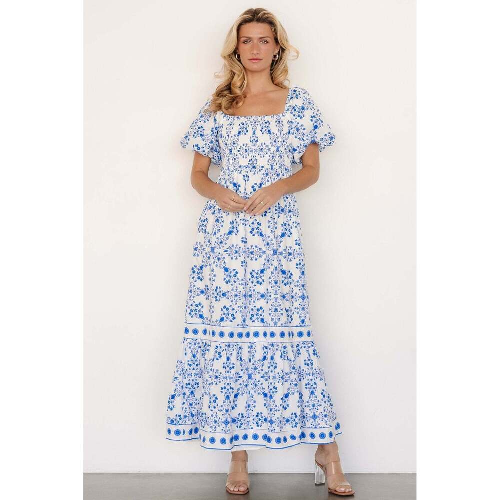 Baltic Born Lexa Smocked Maxi Dress | Off White + Blue Floral Size XL